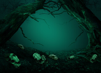 Scary halloween landscape. Tilted trees with crooked branches and many skulls on the ground. Dark blue night background