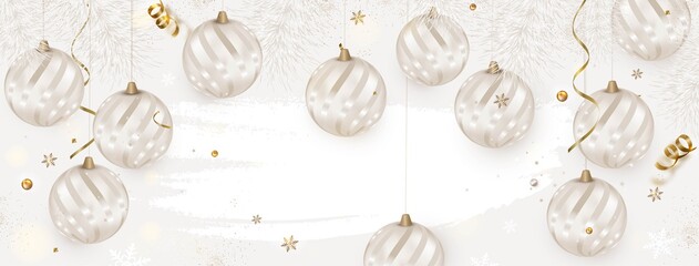 White New Year 2021 horizontal background with white Christmas balls, spruce branches, 3d stars, snowflakes, serpentine.Vector holiday illustration.