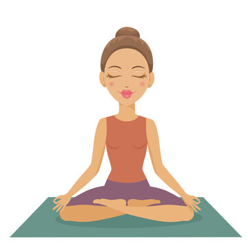 Vector illustration of catroon yoga girl sitting in meditation pose. Vector yoga woman character. 