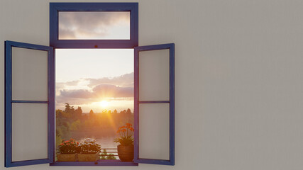 Lake Scenery from the Window with Trees and a Blazing Sun 3D Rendering