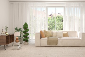 White living room with sofa and summer landscape in window. Scandinavian interior design. 3D illustration