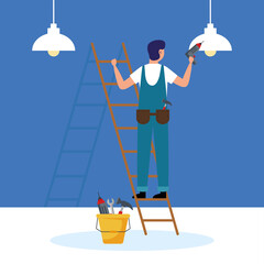 constructer man with drill and tools bucket design of remodeling working and repairing theme Vector illustration