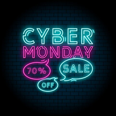 Cyber Monday neon banner with retro style. Big sale