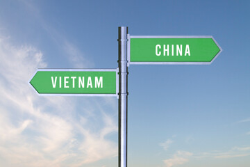 Sign indicating the direction of the borders between two countries Vietnam, China ,  3d render.