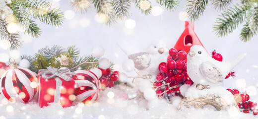 Merry Christmas and Happy New Year, Holidays greeting card with blurred bokeh background