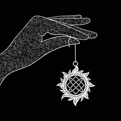 Hand holds amulet Lada star in the sun. Esoteric jewellery. Talisman. Line illustration. Sacred magic symbol outline drawing. Vector slavic amulet isolated on black background