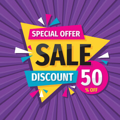Sale discount up to 50% off vector layout concept illustration. Abstract advertising promotion banner. Creative background. Special offer. Shop now. Graphic design elements. 