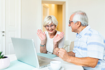 Obraz premium Happy senior couple with laptop having video call. Retirement senior couple lifestyle old age, communicate connecting technology people, quarantine concept.