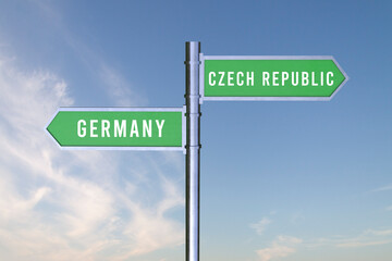 Sign indicating the direction of the borders between two countries Germany, Czech Republic ,  3d render.
