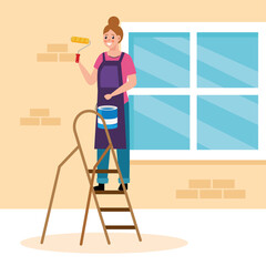 painter woman with roll and bucket on ladder design of remodeling construction working and repairing theme Vector illustration © Gstudio