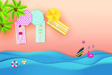 Top view summer holidays concept background with happy woman on the beach.