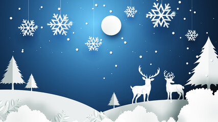 Obraz na płótnie Canvas Merry Christmas and Happy New Year with deer night forest greeting card paper art craft.