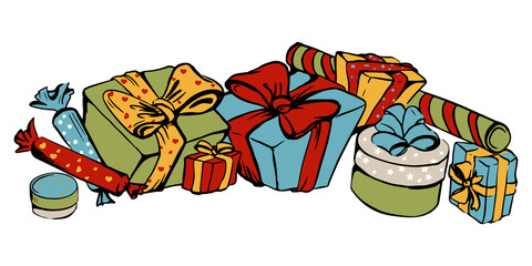 colour vector drawing of gifts in holiday wrapper with ribbon