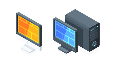 Imac and windows computer. Desktop monitors with system case. Flat 3d vector isometric illustration isolated on white background.