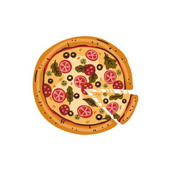 Large round pizza with salami, tomatoes and mushrooms. Traditional Italian fast-foot in cartoon style. Isolated on white background. For the design of flyers, posters and web