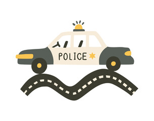 Police car vector illustration for baby boy shirt and room designs. Cute vehicle on a road travel poster. Kid auto card.