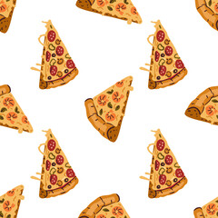 Seamless pattern of two pieces of pizza. Salami and shrimp pies. Traditional Italian fast-foot in cartoon style. Isolated white background. For the design of flyers, posters and web