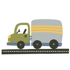 Truck car vector illustration for baby boy shirt and room designs. Cute big vehicle on a road travel poster. Kid auto card.