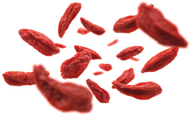 Dry Goji berries levitate on a white background