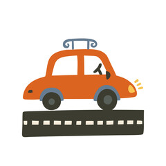 Car vector illustration for baby boy shirt and room designs. Cute vehicle on a road travel poster. Kid auto card.
