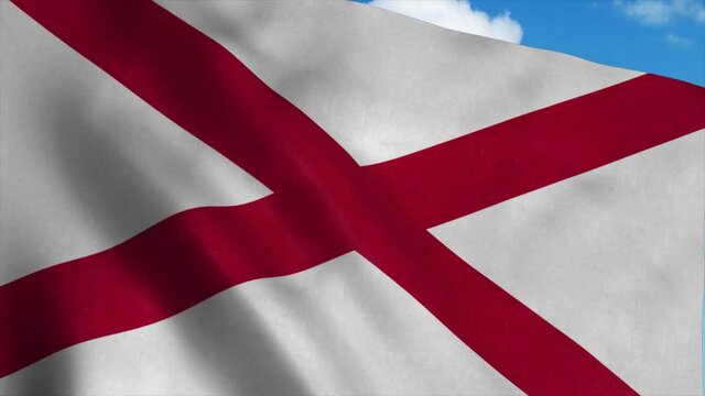 Alabama flag waving in the wind, blue sky background. 4K