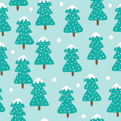 Christmas seamless pattern with trees on a blue background.