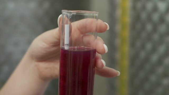 Measuring the strength of wine in a glass with alcoholometer. Slow motion