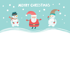 Merry Christmas. Print with santa claus and snowmen.