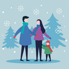 Fototapeta na wymiar merry christmas mother father and boy kid with pine trees design, winter season and decoration theme Vector illustration