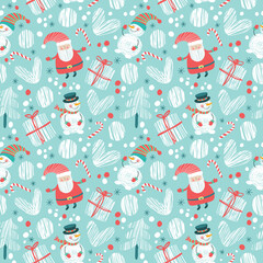 Christmas seamless pattern with santa claus and snowmen.