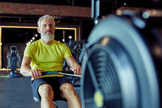 Cardio Workout. Strong Focused Mature Athletic Man In Sportswear Exercising On Rowing Machine At Gym