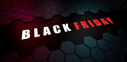 Black friday super sale. Dark hexagon background. 3D rendering