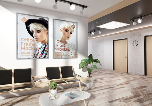 2 Frames Hanging on Corporate Waiting Room Wall Mockup