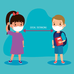 New normal school social distance between girl and boy kid with mask design of covid 19 virus and prevention theme Vector illustration