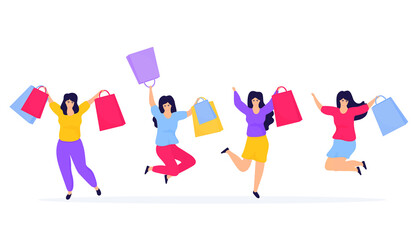 Black Friday Sale. Shopping girls jumping and rejoicing