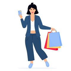 Black Friday Sale banner. Girl with shopping bags and credit card