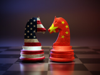 Two chess knights with American and Chinese  flags superimposed © Roman Milert