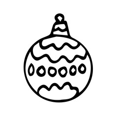 Hand drawn christmas ball isolated.Vector sketch black and white background. Christmas toy in the style of Doodle.