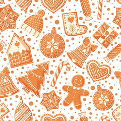 Christmas seamless pattern with gingerbread cookies. Design for Holidays decoration, wrapping paper, print, fabric or textile. Vector illustration.