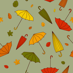 Fototapeta na wymiar seamless autumn pattern of folded and open umbrellas and falling leaves in autumn shades.