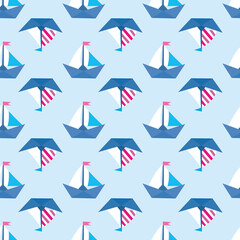 Seamless vector pattern with colorful paper ships. Sea texture