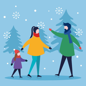 merry christmas mother father and girl kid with pine trees design, winter season and decoration theme Vector illustration