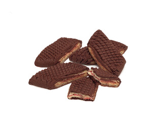 Several sandy cookies with raspberry filling isolated on white background