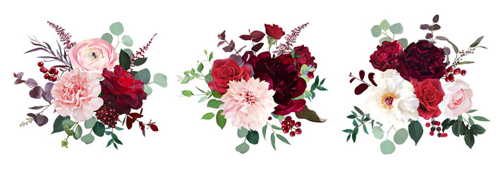 Classic luxurious red roses, pink carnation, ranunculus, dahlia, white peony - obrazy, fototapety, plakaty