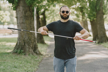 Blind man. People with disability, handicapped person and everyday life. Visually impaired man with...