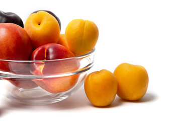 nectarine, peach and plum on a white background