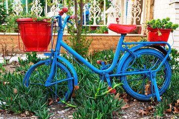 Fototapeta na wymiar Red and blue bike with greenery around