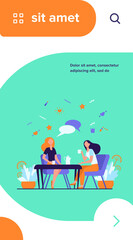 Female friends hanging out in cafe. Women sitting at table, drinking tea or coffee, talking with speech bubble. Vector illustration for chatting, communication, lunch, friendship concept