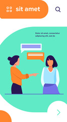 Woman pointing to girl and talking with her. Hand, forefinger, speech bubble flat vector illustration. Communication and conversation concept for banner, website design or landing web page