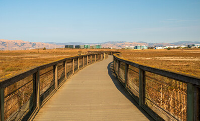 A boardwalk at Baylands Nature Preserve. Palo Alto, Santa Clara County, California, USA
